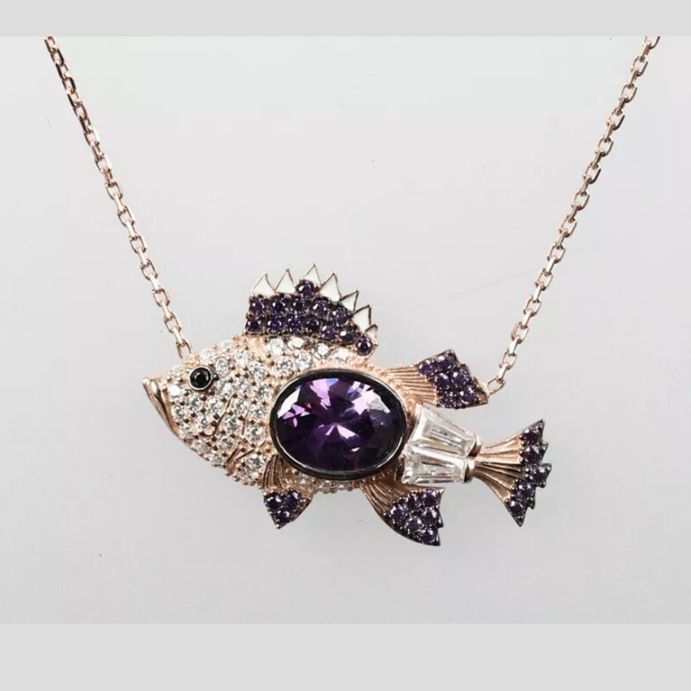 Amethyst & topaz sapphire baby fish gold necklace